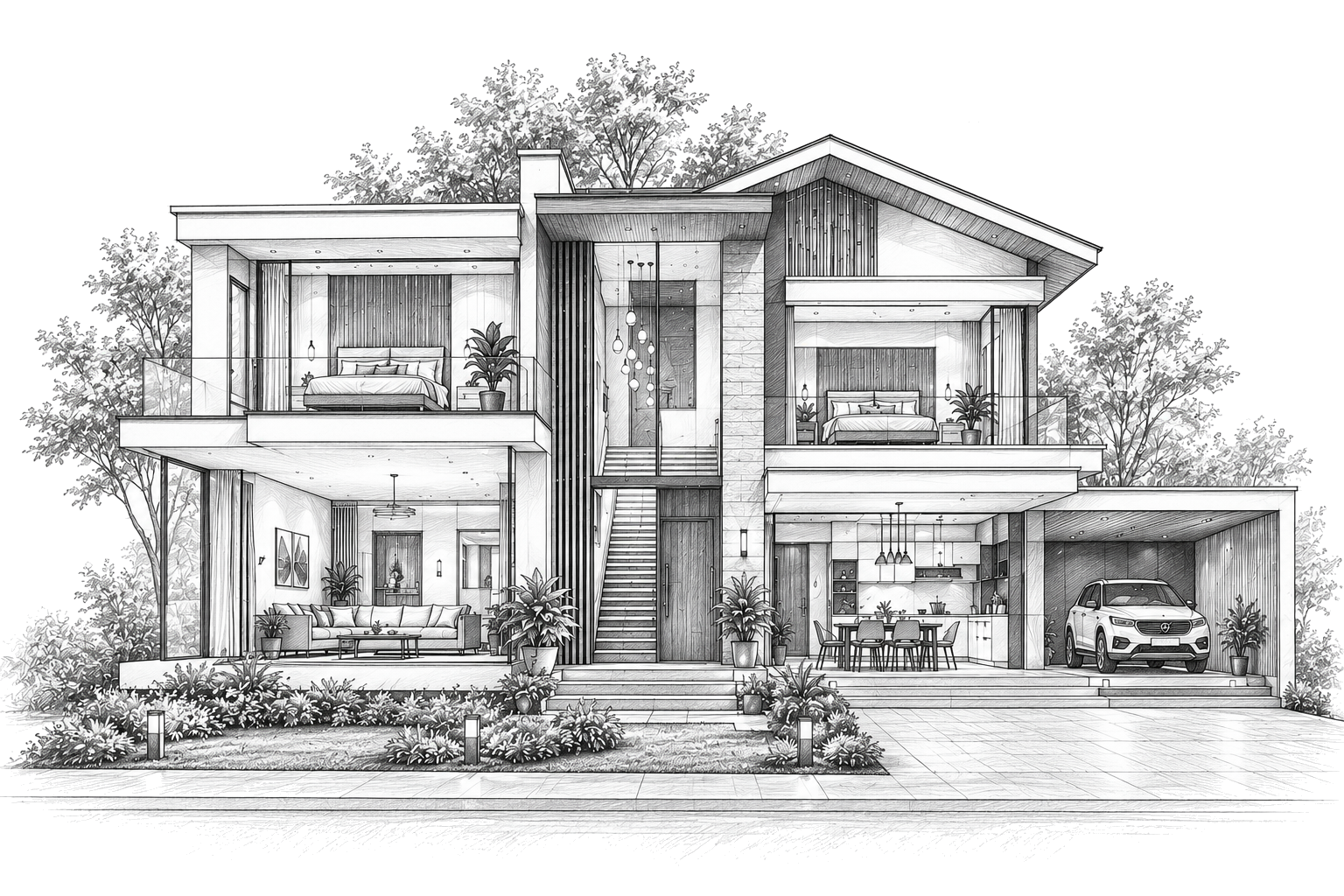 Architectural pencil sketch of a modern two-storey house design